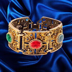 Vintage Sarah Coventry Gold Tone Multicolor Cabochon Panel Statement Bracelet